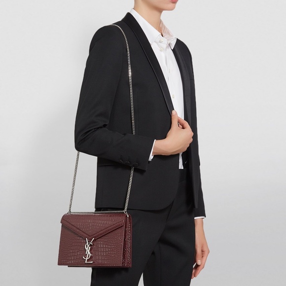 Yves SAINT LAURENT Calfskin Crocodile Embossed Cassandra Shoulder Bag Dark Red - Picture 4 of 13